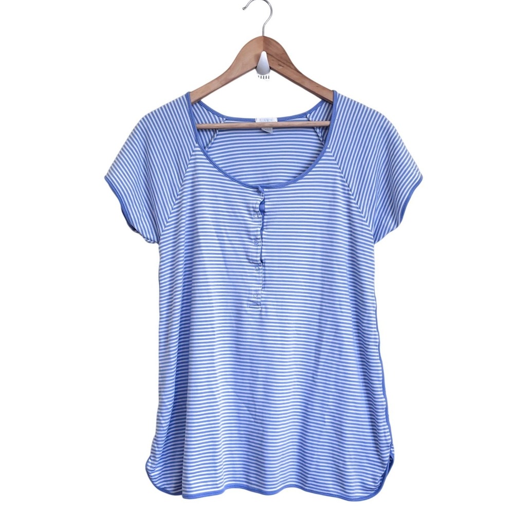 LAKE Womens Striped Henley Pajama Top Size M Blue White Pima Cotton Lounge